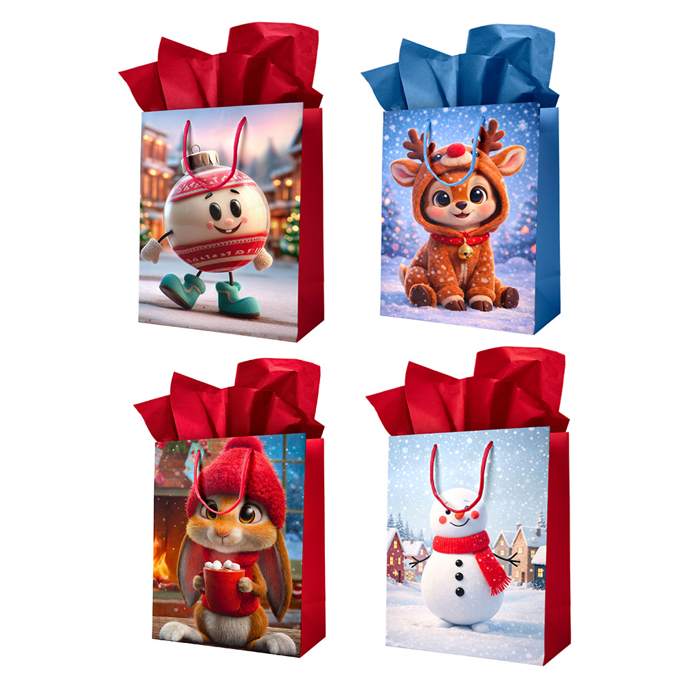 Image Grands sacs cadeaux de Noël verticaux ENFANTS - Série Joyeux Amis d'hiver (ass't 12) - 10 x 12.5''